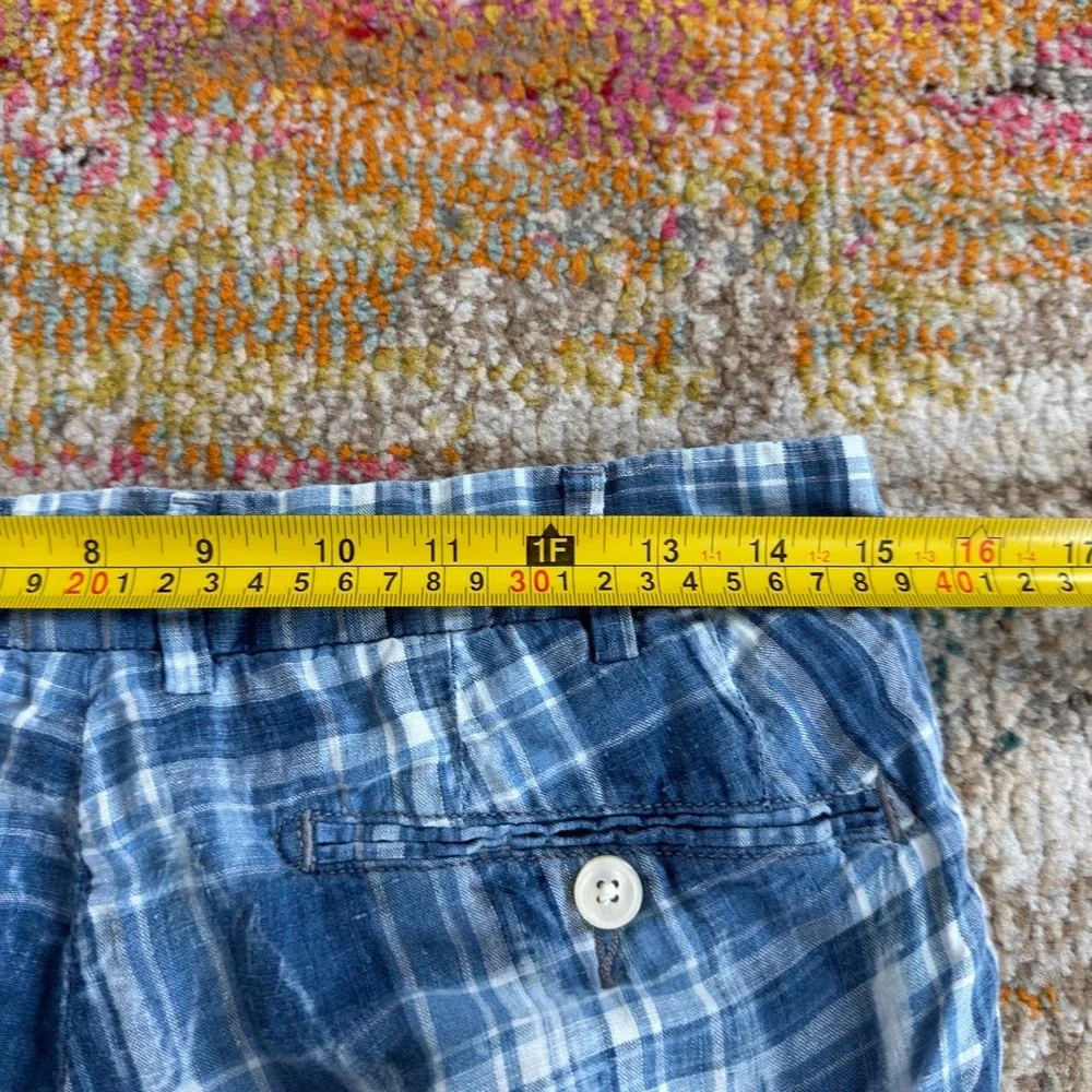 Ralph Lauren Authentic India Madras 100% Linen Plaid Shorts Blue White Mens 30W